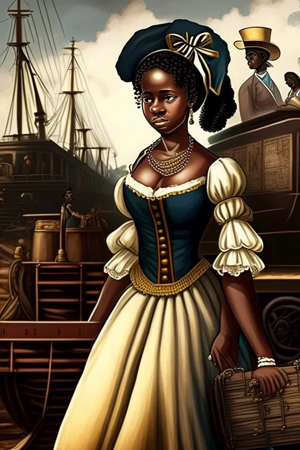 Create an image representing the "fancy girl" industry controlled by Armfield and Franklin, with scenes of transportation and trade. Depict the contrast between the lives of slaves considered "fancy girls" and other slaves during that era.