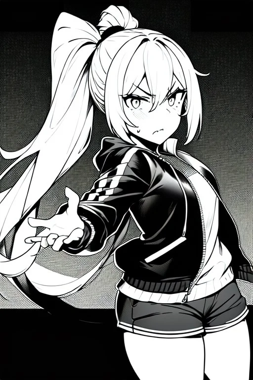 blonde girl with ponytails dressed in a jacket and shorts walks angry, greyscale