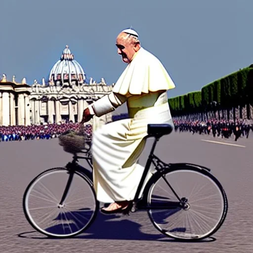 Pope riding bicycle, Rome, St Peter's basilica, photo realistic, 8k