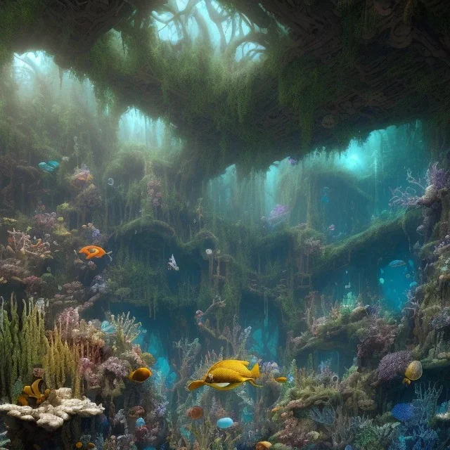 a gorgeous, stunning underwater room with glass wall, livingroom, dark wood floor, foliage, ocean marine life, 8k resolution, high-quality, fine-detail, iridescent, intricate, digital art, detailed matte, volumetric lighting, illustration, 3D octane render, brian froud, howard lyon, selina french, anna dittmann, annie stokes, lisa parker, greg rutowski, George Grie, Ben Goossens, Igor Morski