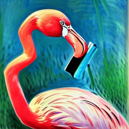 oil portrait of a flamingo reading a book by Monet 8k