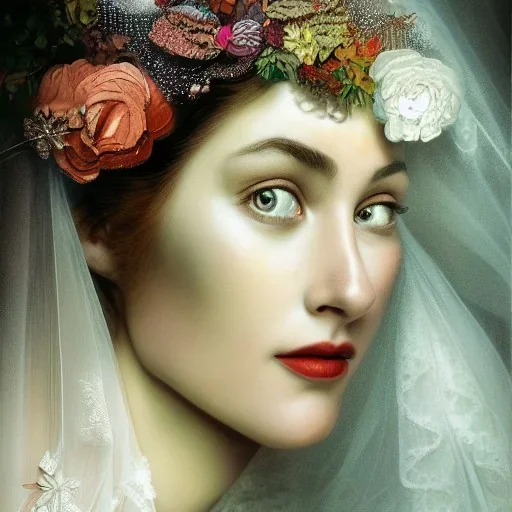 home-made paper collage of beautiful bride's face, pieces of paper, mix and match, fine detail, highly intricate, wearing bridal veil, modern surrealism painting, high-quality, volumetric lighting, 8k, ultrahd, George Grie, Marco Escobedo, Igor Morski