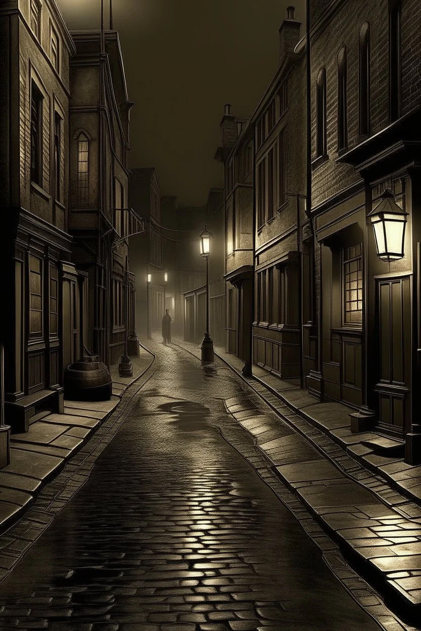 1890s city streets with muddy road and dark atmosphere oil lamps lighting up an alley party digital art