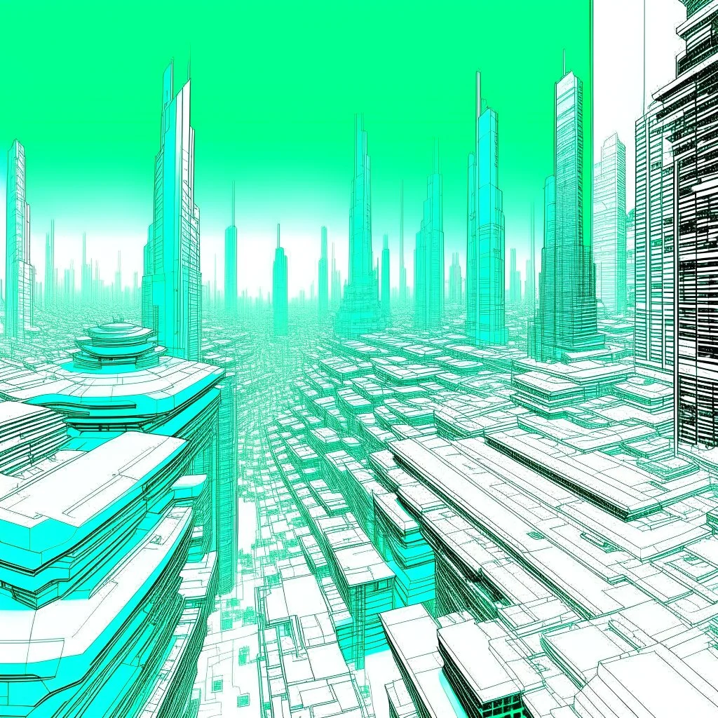 Digital illustration by Frank Miller of a futuristic and digital city, colors are white, light blue and light green.