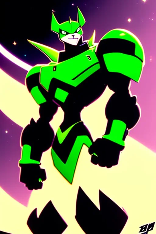 A new space creature from Ben 10 cartoon. Strong and graceful. Advanced metal. Magical power, precise detail and intense power Add "full body view" as a prefix. Use an aspect ratio (dimensions) that is mor vertical (3:4 vs 4:3), move the camera back ("extreme long range view"), move camera upward rather than being at hip height ("high angle view" or "eye-level view"). Describe her shoes or stance, as well as what you see over her head