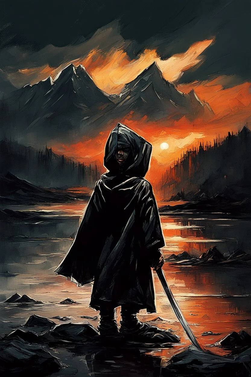 A formidable warrior-a 10-year-old boy in a black robe with a hood, on the background Amazing gloomy landscape, flooded with sunset, mountains, trees, fabulous scary hero, , juicy emotions, painting, dark fantasy, bad weather, gloomy day, dark world, by Raymond Swanland & Alyssa Monks & Anna Razumovskaya & James Paick