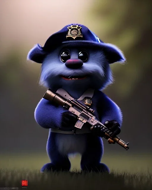 a cute muppet wearing policeman, holding a gun, BK complex detail, cinema, reality, detail, octane rendering, stoic cinematic 4k epic detailed photograph shot on kodak detailed bokeh cinematic hbo dark moody 8k, 85mm f/16 by leica