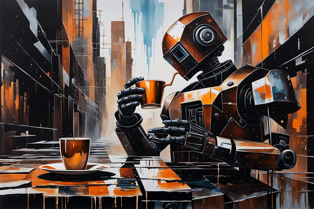 acrylic of a crazy rusty scrappy robot drinking coffee in urban decay, black glass slabs, pseudo photo-realism, negative space, wet print, ink leak, overheat, dramatic, cinematic, sudden jolt dynamics, amazing reflections and parallels and verticals, Afro-futurism, sharp unsettling shadows, harsh contrasts, juxtaposition shock, surreal futurist architecture art, liminal space, tribal vibe and patterns, colors of light sky blue and beige and black