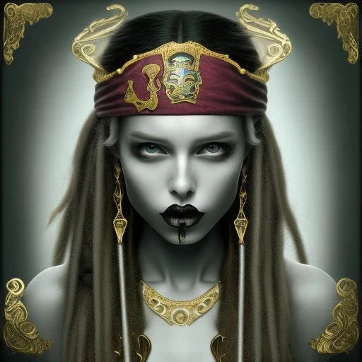 a pirate professional studio portrait photography of a young, pirate, goth, attractive, friendly, casual, delightful, intricate, gorgeous, female, piercing green eyes, wears a gold ankh necklace, femme fatale, nouveau, curated collection, annie leibovitz, nikon, award winning, breathtaking, groundbreaking, superb, outstanding, lensculture portrait awards, photoshopped, dramatic lighting, 8 k, hi res