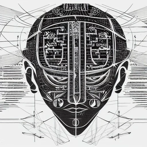 full page technical drawing technocore mind meld evil-god symmetric::2 Hieroglyphic Occult::.5 esoterism hyper realistic, rendered, 8K, old, neon,