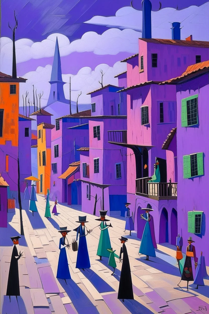 A violet Day of the Dead themed town painted by Lyonel Charles Feininger
