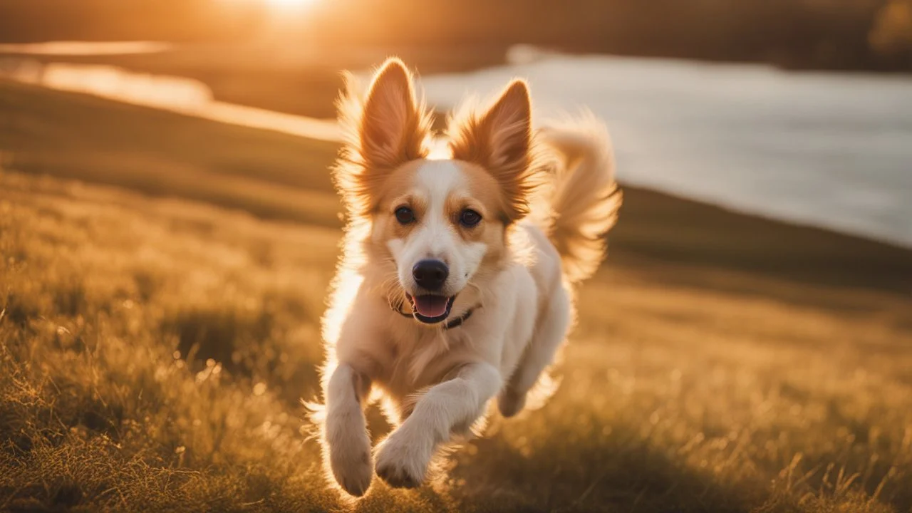 ((cheerful dog, running, grassy field), sunny, bright, (golden hour lighting), soft focus, vibrant colors), polaroid, photograph, professional photograph, (high resolution, cinematic composition, telephoto lens)