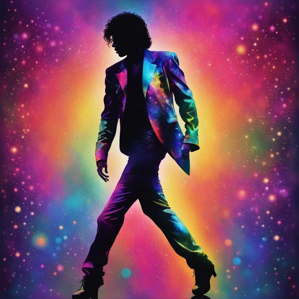 psychedelic colorful silhouette, Michael Jackson dancing profile, prismatic stardust background