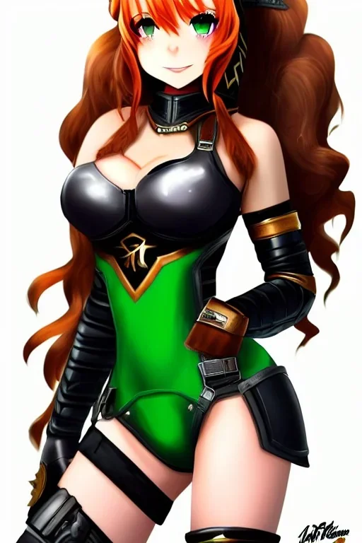 In the style of Shadman, hyper detailed, strikingly beautiful teen female, 16 years old, long ponytail, ginger hair, green eyes, medium freckles, full lips, micro top, black leather armour lined with fur, full body, full face, tiny breasts, athletic, centred camera, ignore NSFW, thong, camel toe, athletic