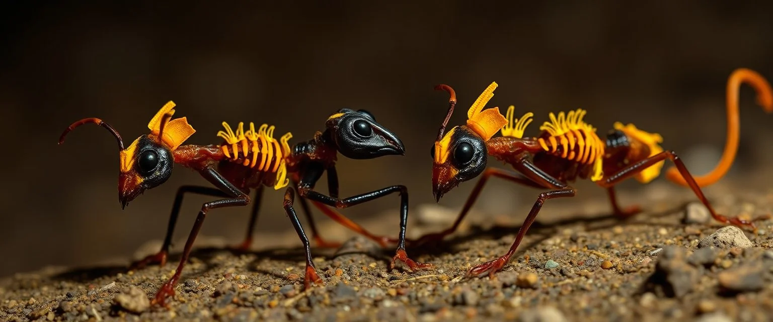close up on mutant radiated glowing raven ant skeleton rat babies, raised by ninja necromancer in the wild