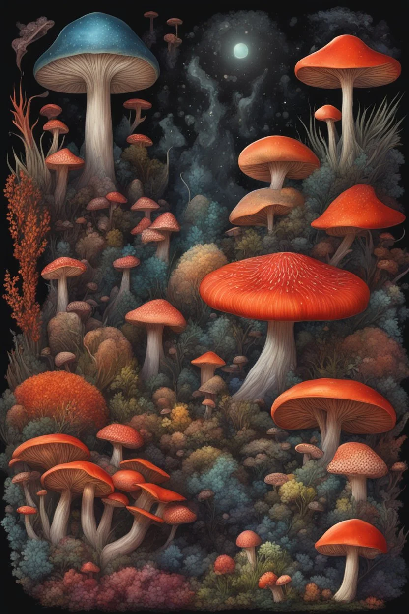 Exotic Flora, fauna, mushrooms, fungi and coral at the End of the Multiverse black liquid Land