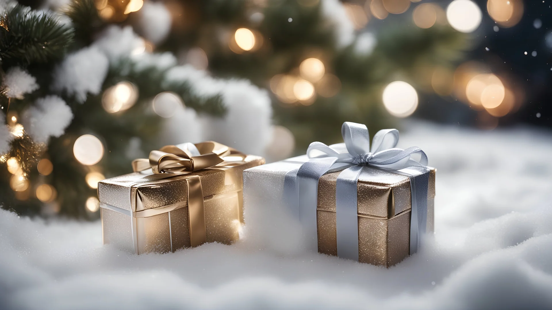 photoreal close-up of magnificent heavenly snow covered glossy christmas presents under a christmas tree reflecting christmas atmosphere by lee jeffries, otherworldly creature, in the style of fantasy movies, photorealistic, shot on Hasselblad h6d-400c, zeiss prime lens, bokeh like f/0.8, tilt-shift lens 8k, high detail, smooth render, unreal engine 5, cinema 4d, HDR, dust effect, vivid colors