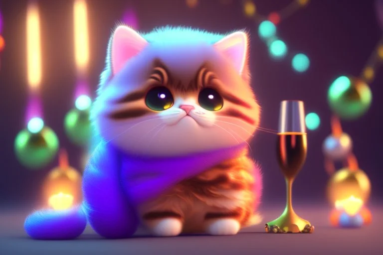 cute fluffy pixar chibi cat, new years eve scene, champagne, twisted serpentine, fireworks Weight:1 detailed matte painting, deep color, fantastical, intricate detail, splash screen, complementary colors, fantasy concept art, 8k resolution trending on Artstation Unreal Engine 5 Weight:0.9