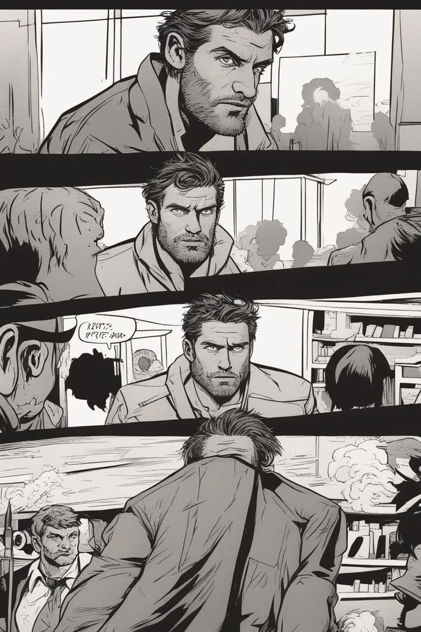 man with scruffy hair, stubble and a judgmental look on his face comic book style