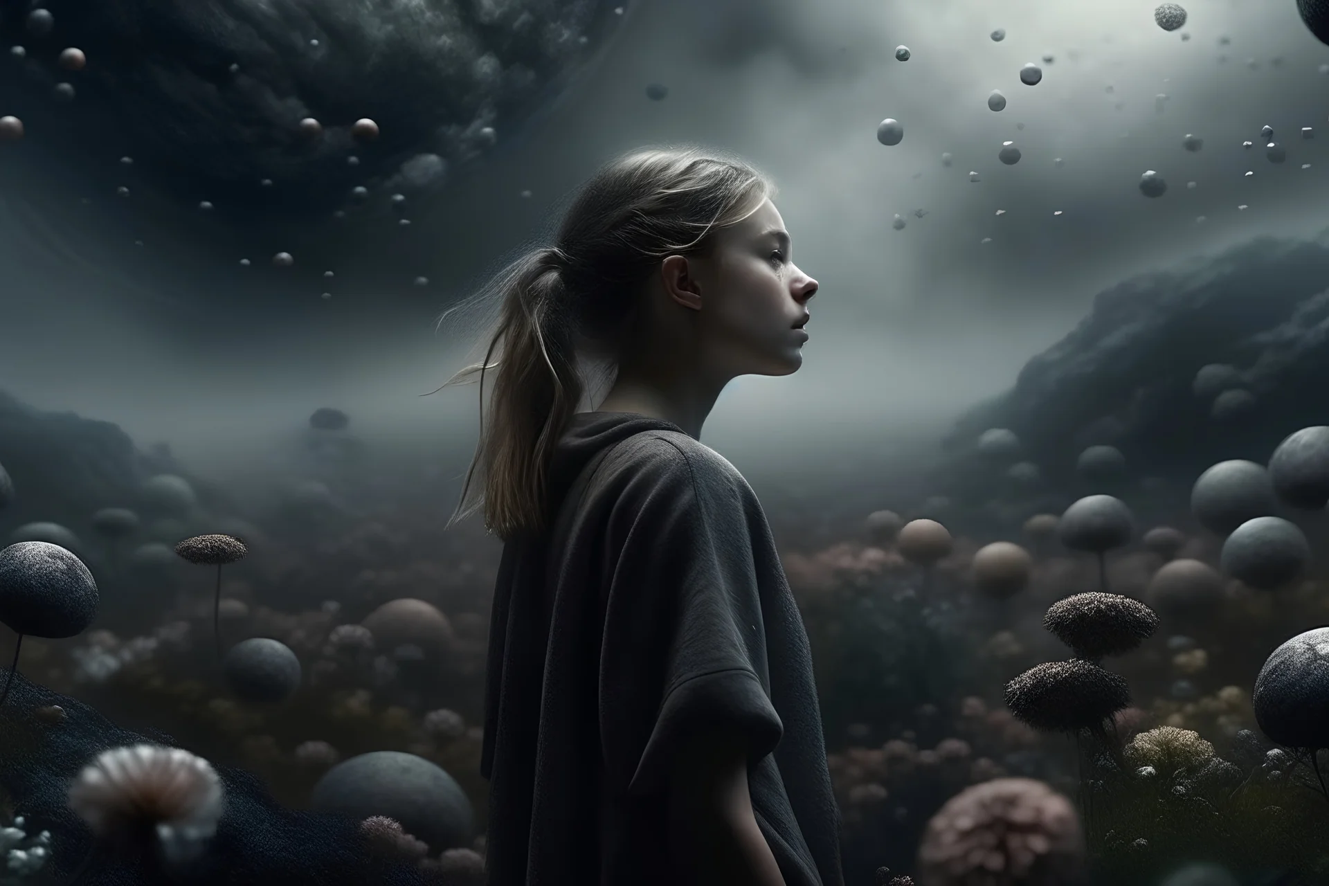 girl looking at the sky in the foreground, a rain of flowers falls on her, in the background you can see a huge gray planet, reference to the film Melancholy by Lars von Trier