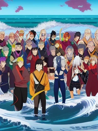 digital painting of thousand of anime warriors that protecting the restaurant from big waves