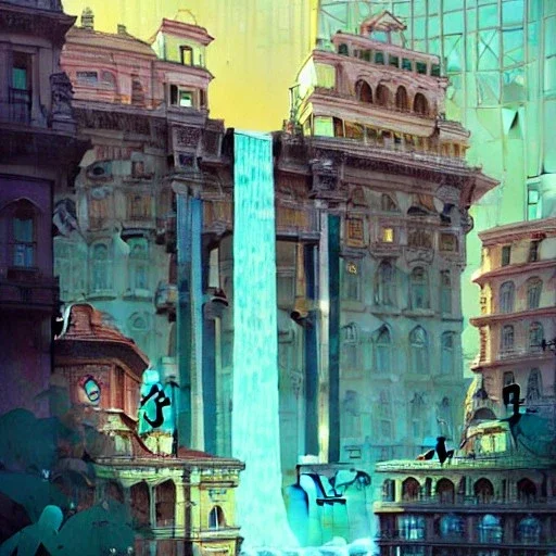 "A train pass under a waterfall in city"+Beaux Arts architecture+palladio+detailed facades biopunk+Bueno Aires+turin+trieste+ +Book illustration by Gediminas Pranckevičius, Jean Baptiste Monge, Brian Kesinger, Anton fadeev, Kilian Eng, strong lines, high contrast vibrant colors, highly detailed, 16k resolution, trending on behance