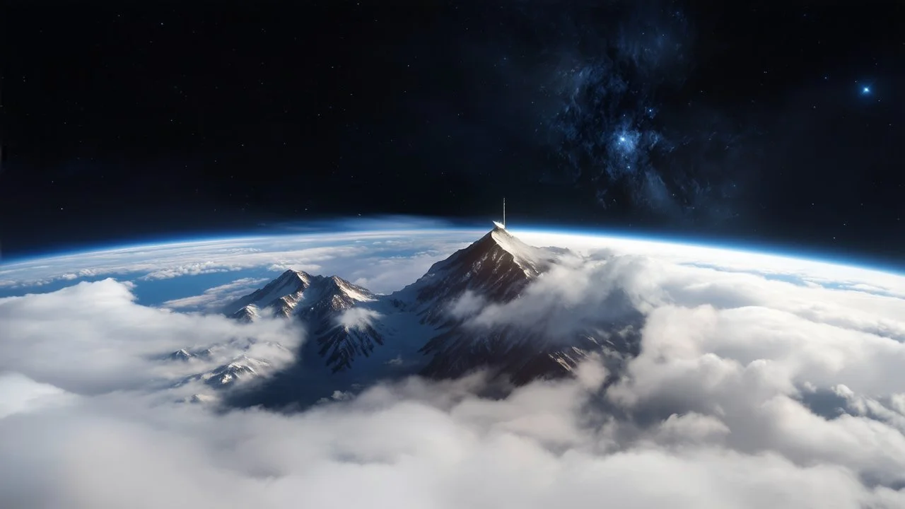 a fog planet's atmosphere is pierced by a single sharp mountain peak. a curved horizon separates the starry space