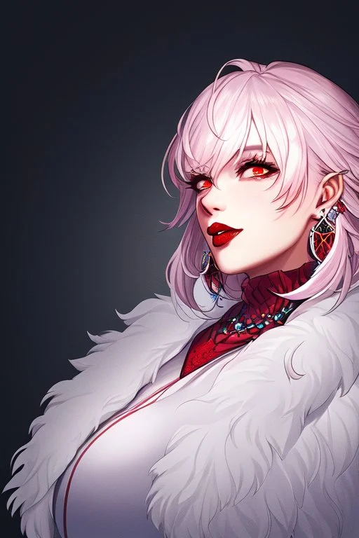 Minimalistic portrait of a beautiful woman with red lips and cold big eyes wearing earrings, a light pink fur coat in a haute couture style isolated on a dark background, cinematic lighting, ultra-realistic, shot in the style of hasselblad