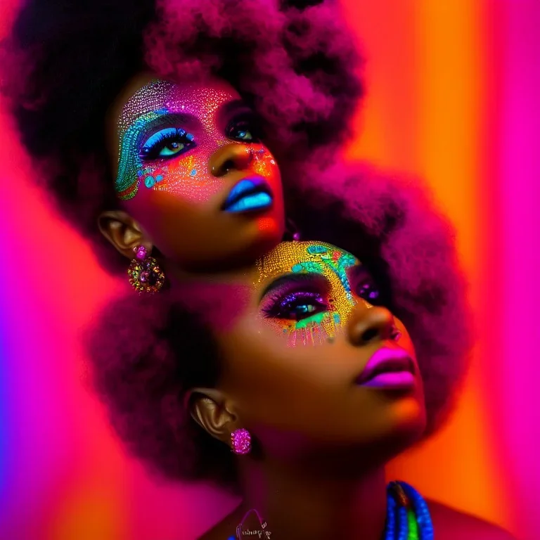 full body shot, masterpiece, best quality, family of three, black skinned, sparkling eyes, fluorescent skin, colorful makeup, afro, highly detailed body, afrofuturism, scifi, sun light, 4K, RAW, depth of field, high contrast, realistic details, 24mm