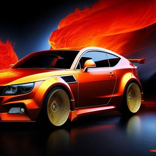 detailed phong shaded rendering of a car made of molten lava