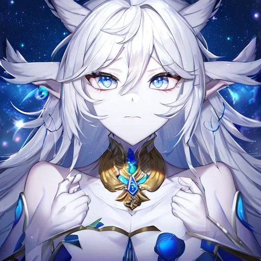 cosmic mage, elf, female, battle mage, epic, cosmic magic, long ears, white hair, face details, pale skin, jewellery, broad shoulders, sharp ears, cosmic clothes, cosmic eyes, ears shown, light out of eyes, the cosmos in eyes, stars in eyes, shining eyes, non human face, thin face, animation, detailed ears, magical eyes, non realistic, closed mouth, bigger make up, smile