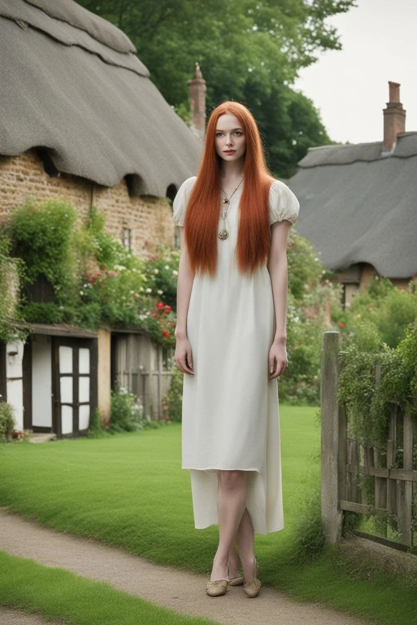 Full body and headshot of a slim young woman with long straight red hair, standing in front of a row of cottages and shops with thatched roofs