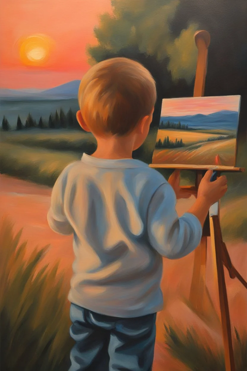 Canvas texture, the scream style, A PEACH FUZZ painting of an amazing landscape picture in gouache, fast minimalistic brushstrokes, an amazing PEACH FUZZ sunset shimmering in bright colors PEACH FUZZ, Rear view of a very small boy with a brush in hand, standing in front of an easel and painting the landscape. Texture of the canvas oil paints