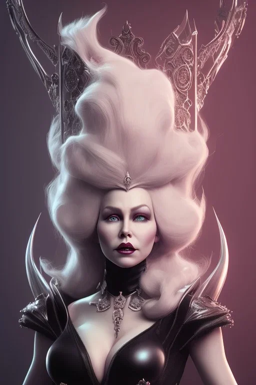 Mae West as evil queen in black leather, leather, busty, cleavage, angry, stern look. character design by cory loftis, fenghua zhong, ryohei hase, ismail inceoglu and ruan jia. unreal engine 5, artistic lighting, highly detailed, photorealistic, fantasy