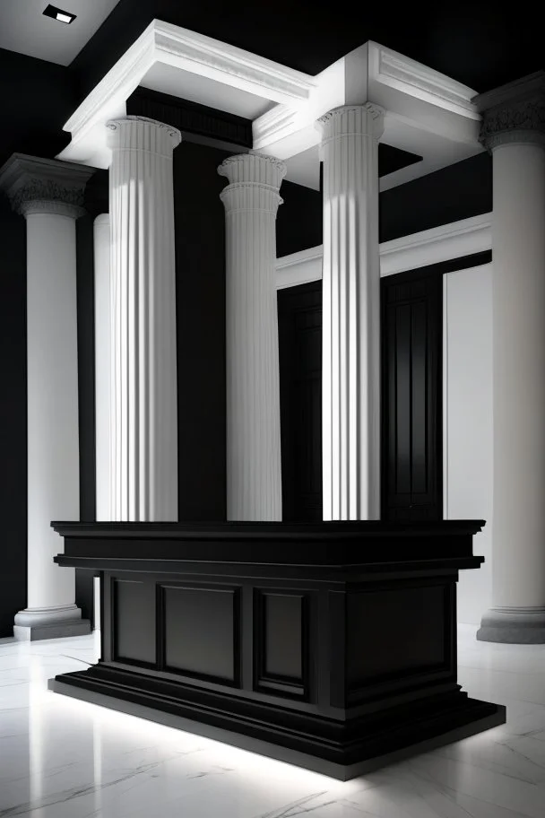 Museum reception desk with black walls, white floor, hidden or rich lighting with columns at the back