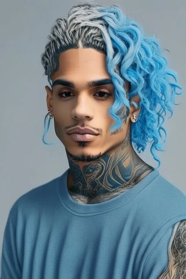 longish light blue wavy hair, brown skin, grey eyes, tattoos, black turtle neck clothing, hispanic