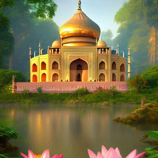 indian temple at sunrise in the jungle with lotus flowers, perfect composition, hyperrealistic, super detailed, 8k, high quality, intricate details, highly detailed