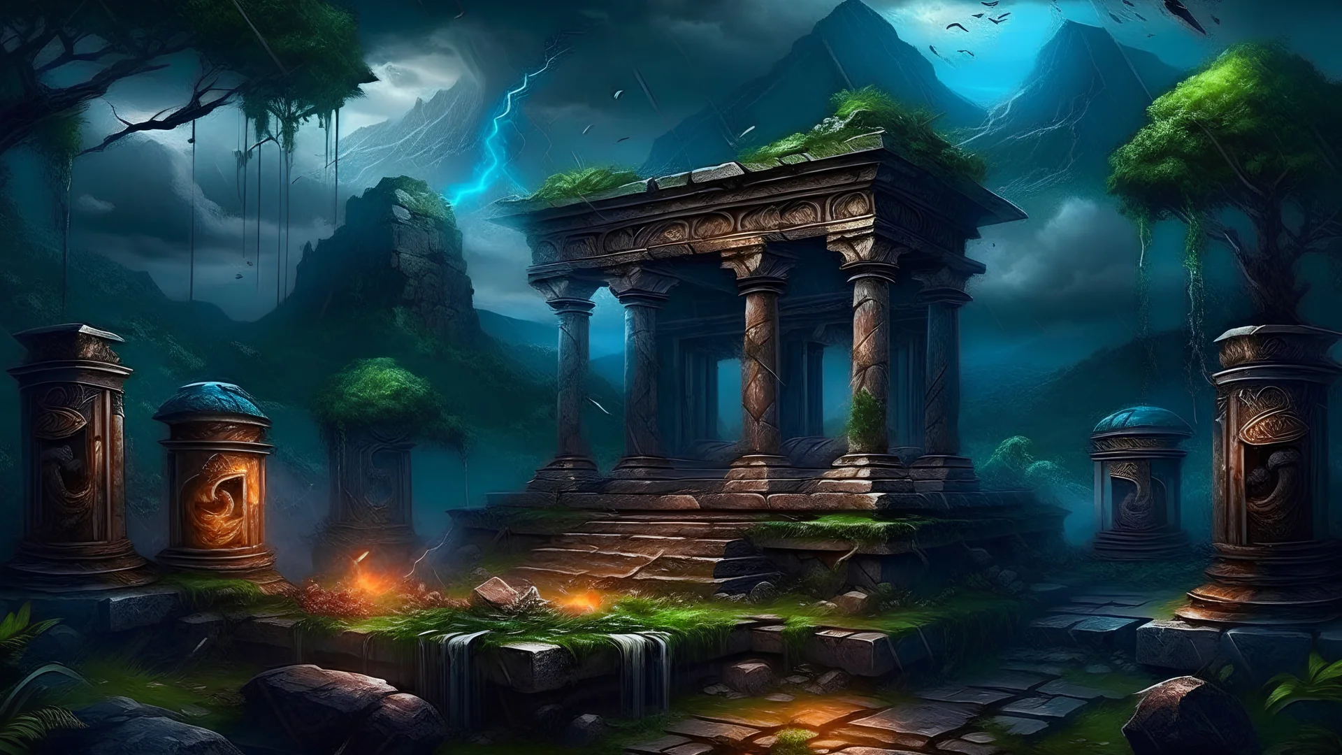 meditation podium . my dreams . In the garden my mind bows . meditation .The ruins of a village in the midst of thunderbolts in the jungle , mountains. space color is dark , where you can see the fire and smell the smoke, galaxy, space, ethereal space, cosmos, panorama. Palace , Background: An otherworldly planet, bathed in the cold glow of distant stars. Northern Lights dancing above the clouds in Finland.