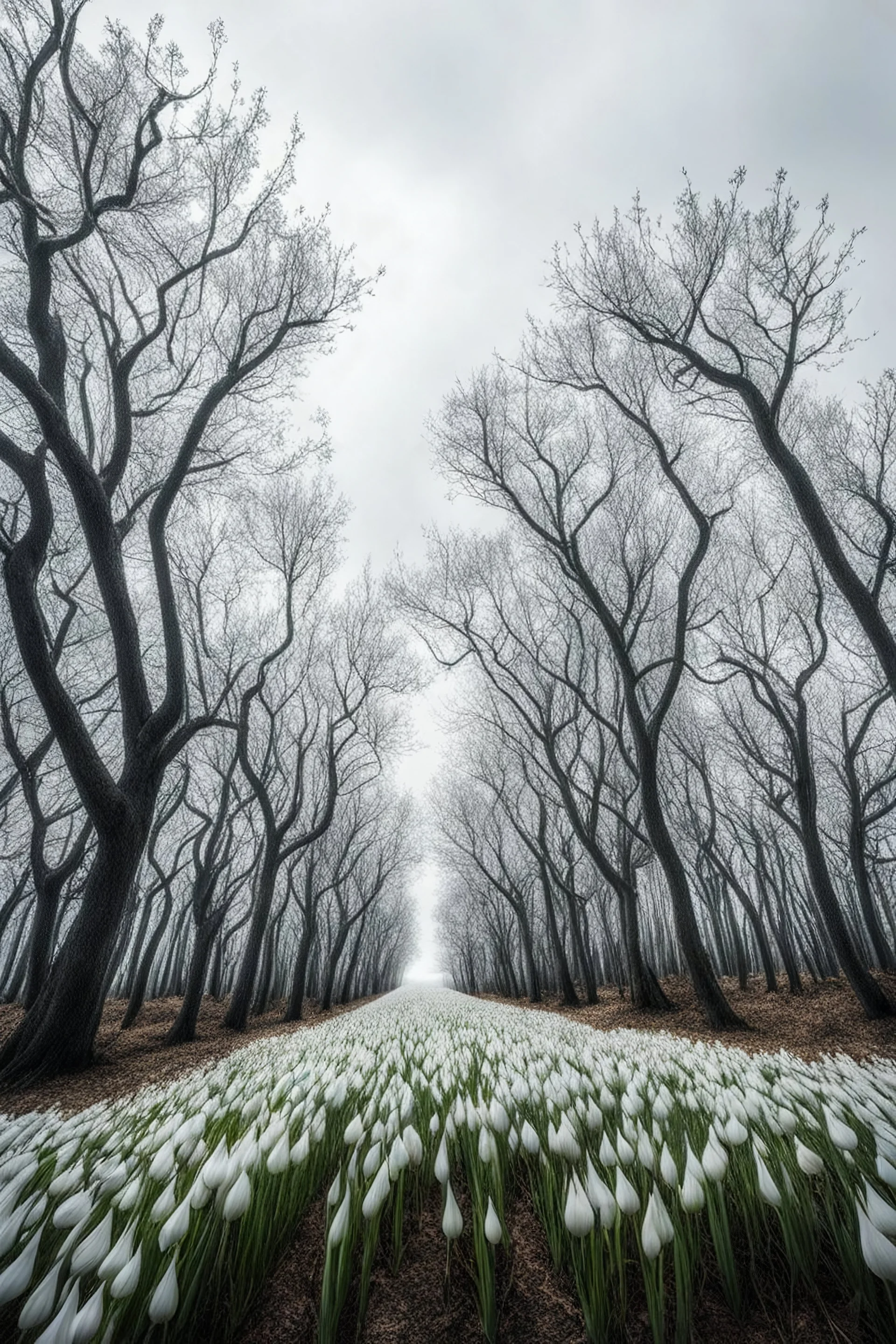 A trees of garlic in a white jungle and cloudy white sky’s Trees of garlic all in white colors Bosch nightmares style