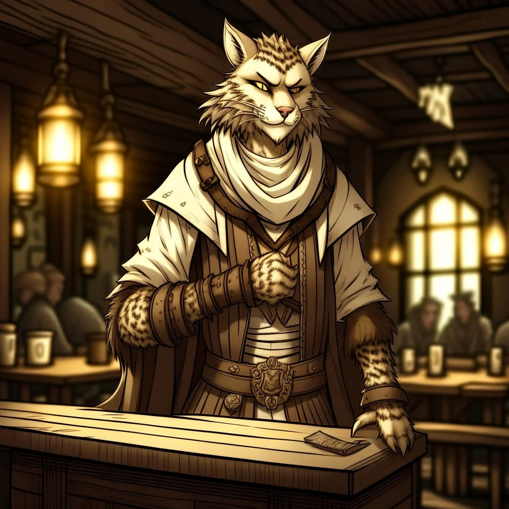 A distressed male khajiit from Skyrim dressed in rags with brown spotted fur in a medieval fantasy tavern cartoon