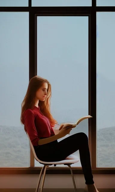 Beautiful, thin young woman, Arab home clothes, wavy hair, sitting on an office chair, reading a novel, next to a window, outside the window is sunset , 8k, finely detailed, photo realistic, cinematic