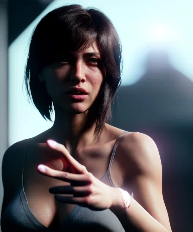 Ultra Realistic image, medium shot view, woman making the fuck off finger gesture, highly detailed, unreal engine 5, RTX, ultra detail, volumetric lighting, finely drawn, high definition, high resolution.