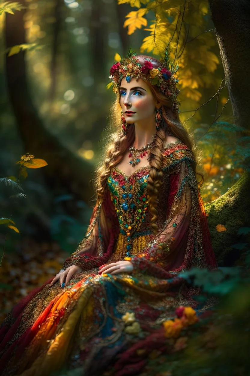 Queen Elara wears a flowing gown made of woven vines, leaves, and flowers, which seems to blend seamlessly with her forest surroundings. Her attire is a tapestry of colors, reflecting the vibrant hues of the forest during each season.shot on Hasselblad h6d-400c, zeiss prime lens, bokeh like f/0.8, tilt-shift lens 8k, high detail, smooth render, down-light, unreal engine, prize winning