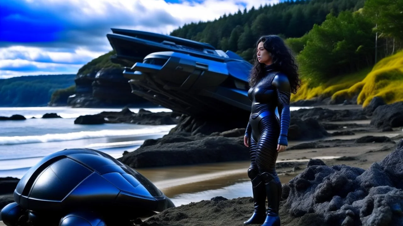 A long-haired woman in a robotic-looking catsuit standing on a beach of a rocky landscape with a crashed spaceship in the distance, with a forest beyond