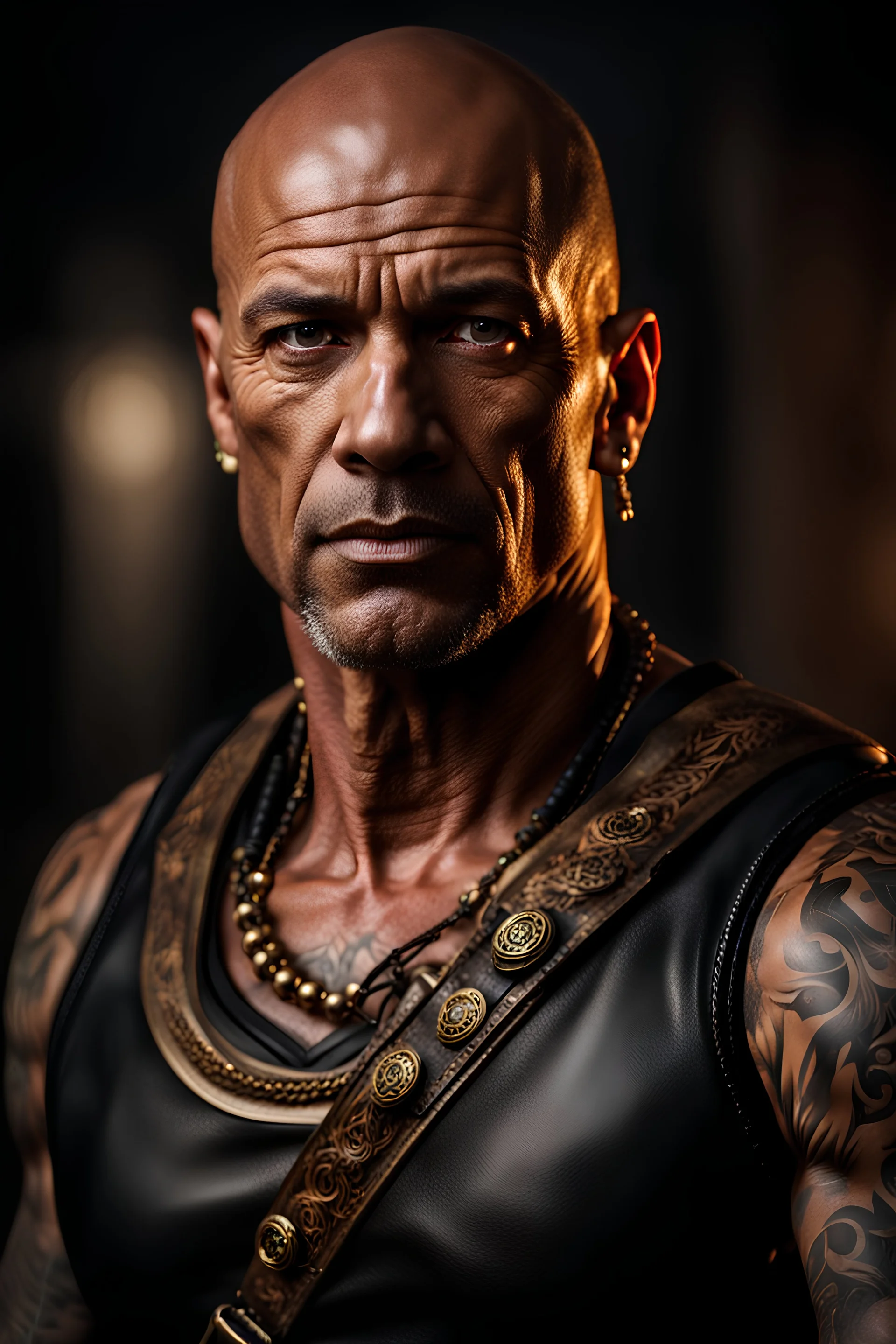 portrait of a 45 year old Handsome muscular mercenary with light bronze skin adorned with tattoos. photorealistic