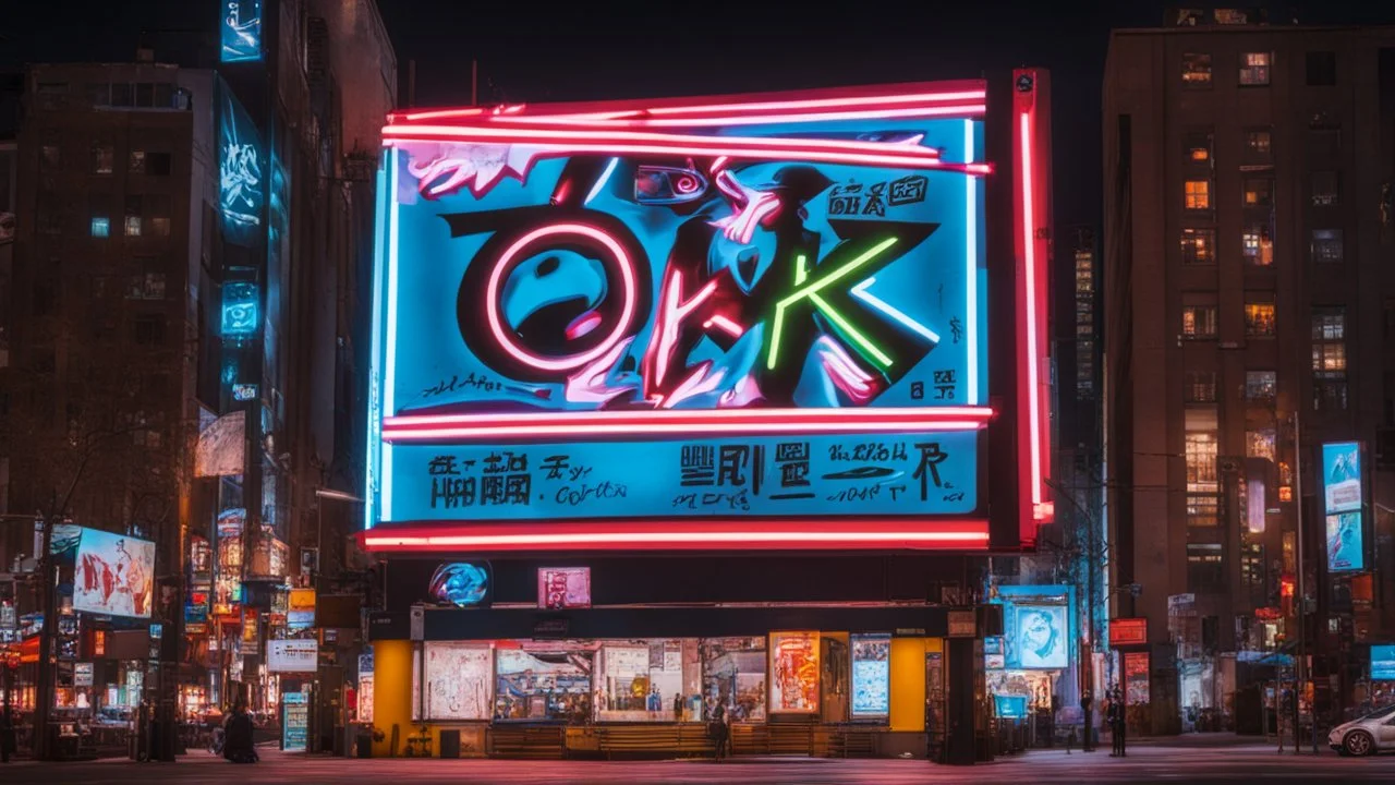 a billboard branded writing Odk Tokusentai , with neon light, in the city center, at night . in Montréal