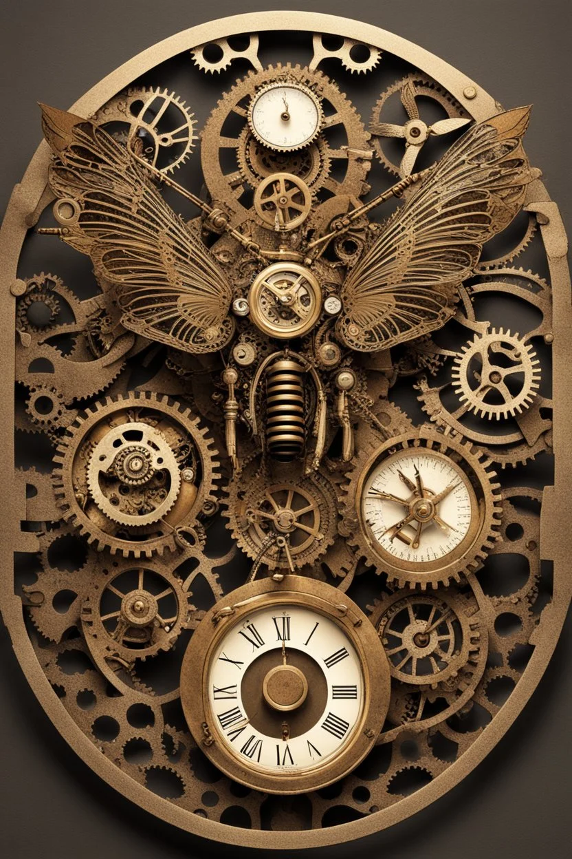 steampunk clock surrounded by cogs and springs, metal insects with wings