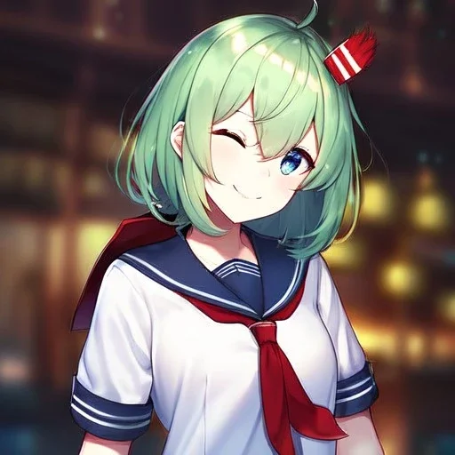 Clear focus, High resolution, short light green hair, blue eyes, wearing a sailor uniform, red tie, wearing a sailor skirt, eyes closed, smiling, 1girl, spiky hair, not alot of hair on the side of her head