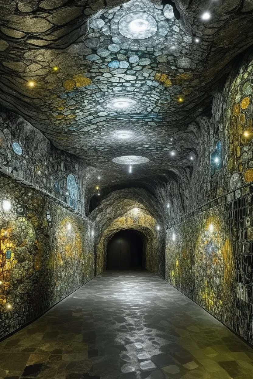 A gray steel cavern with crystals designed in Mayan architecture painted by Gustav Klimt