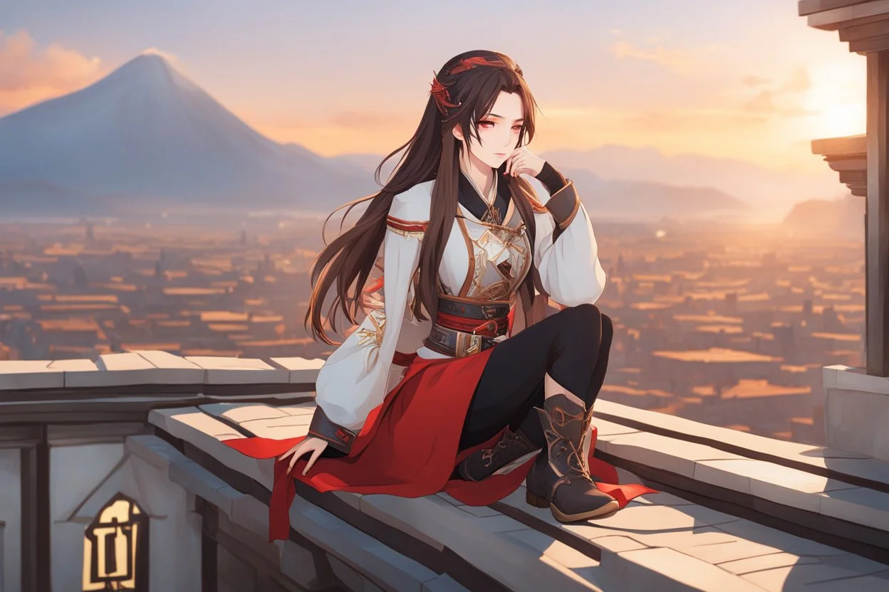 a young woman with long brown hair, red eyes, pale skin, wearing Genshin Impact inspired clothing, highly detailed, intricate background, sitting on rooftop during sunset, contemplative